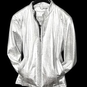 WILSONS MAXIMA Womens (L) Silver Metallic 100% Leather Moto Jacket - Lined